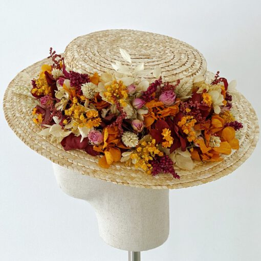 Canotier con flores preservadas Rouge, para invitadas.