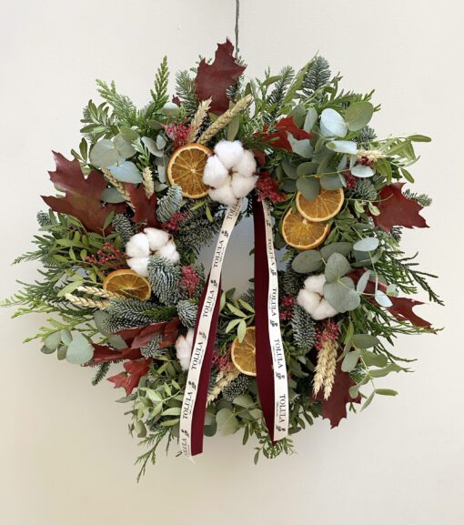 Corona de Navidad granate con eucalipto y abeto natural