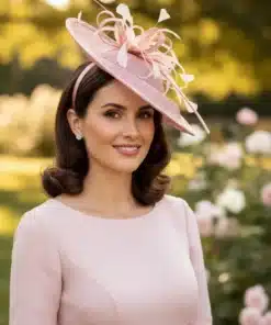 Tocado en tono rosa de sinamay para invitada con raquis y plumas. Se coloca con diadema y es cómodo y elegante.