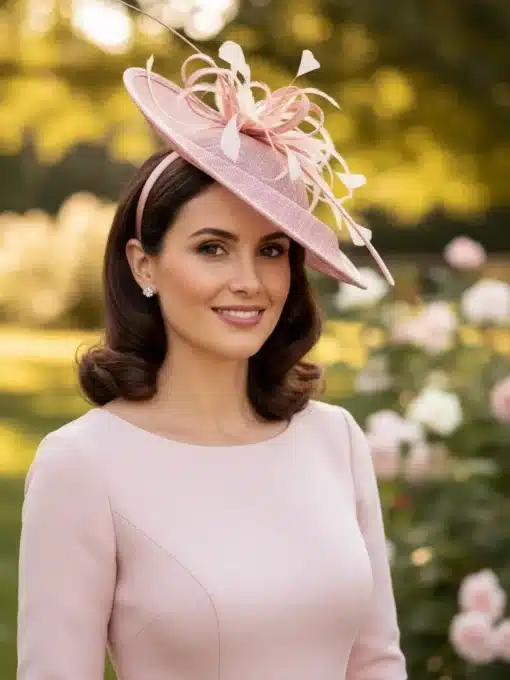 Tocado en tono rosa de sinamay para invitada con raquis y plumas. Se coloca con diadema y es cómodo y elegante.