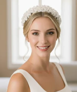 Diadema de porcelana blanca para novia. Flores peonías con cristales. Elegante, cómoda y sencilla. Hecha artesanalmente.