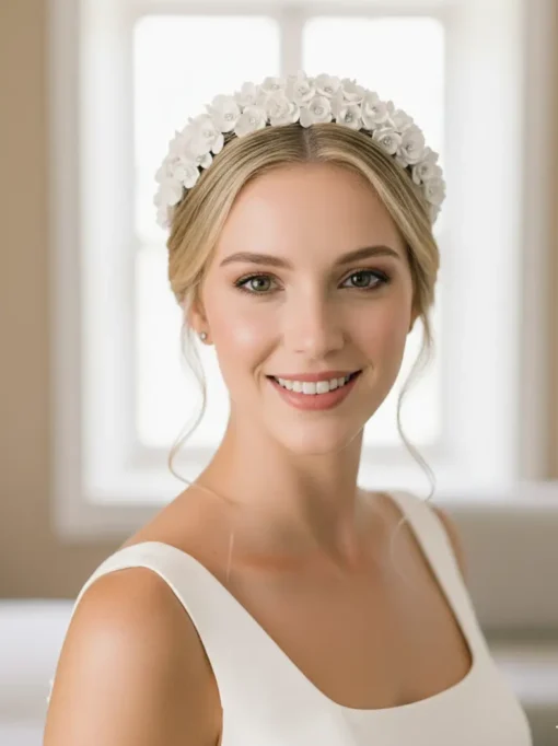 Diadema de porcelana blanca para novia. Flores peonías con cristales. Elegante, cómoda y sencilla. Hecha artesanalmente.
