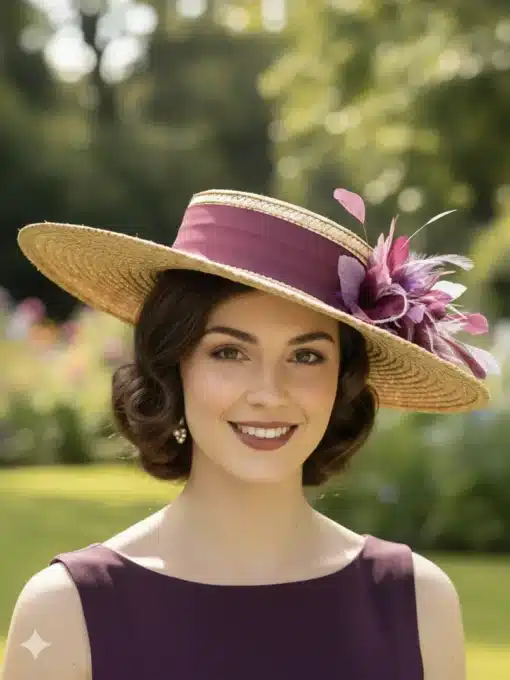 Modelo luciendo un canotier de paja con plumas en tonos malva para invitada de boda, diámetro 42cm.