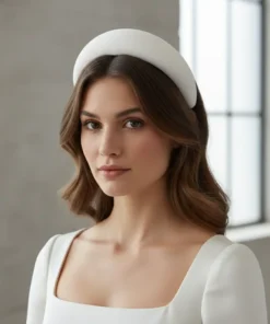 Diadema de crepe de alta calidad cosida a mano. Se sujeta mediante una peineta situada en la parte superior interior. Perfecta para novias elegantes.