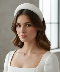 Diadema de crepe de alta calidad cosida a mano. Se sujeta mediante una peineta situada en la parte superior interior. Perfecta para novias elegantes.