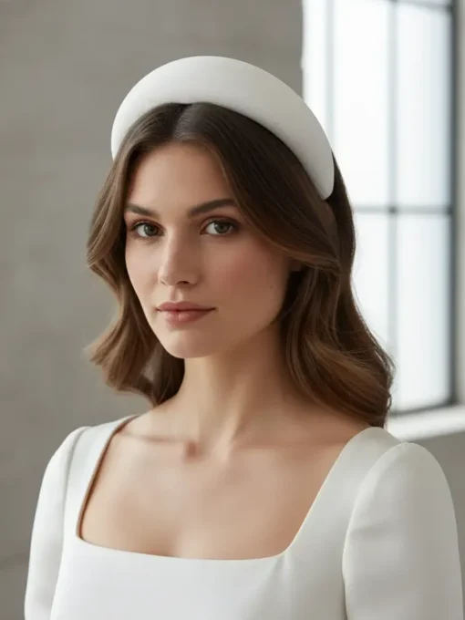 Diadema de crepe de alta calidad cosida a mano. Se sujeta mediante una peineta situada en la parte superior interior. Perfecta para novias elegantes.