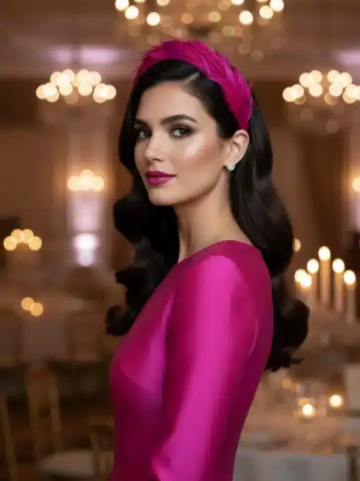 diadema de plumas para invitada en tono fucsia